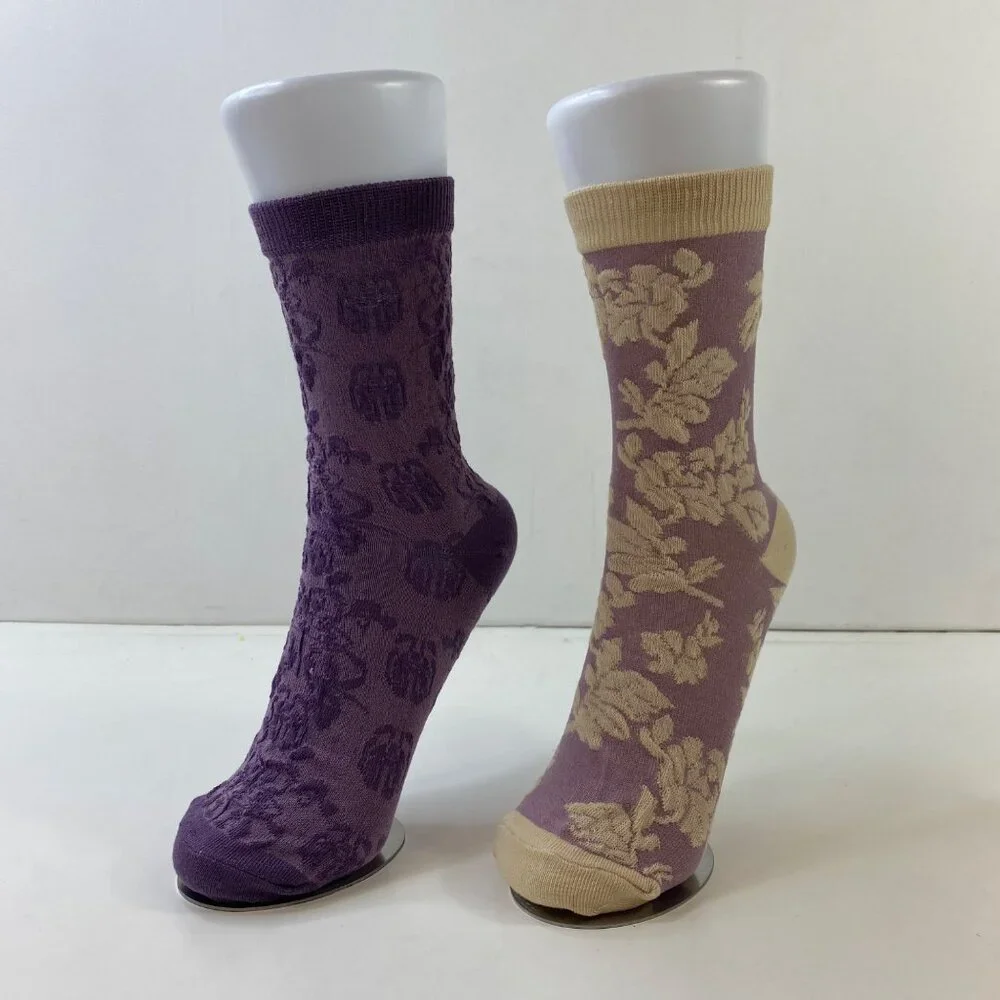 Womens Floral Crew Socks 2 Pack Ribbed Cuff Purple Beige